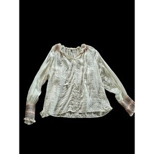 Johnny Was Silk Cream Bohemian Chic Cottagecore Blouse Top sz M